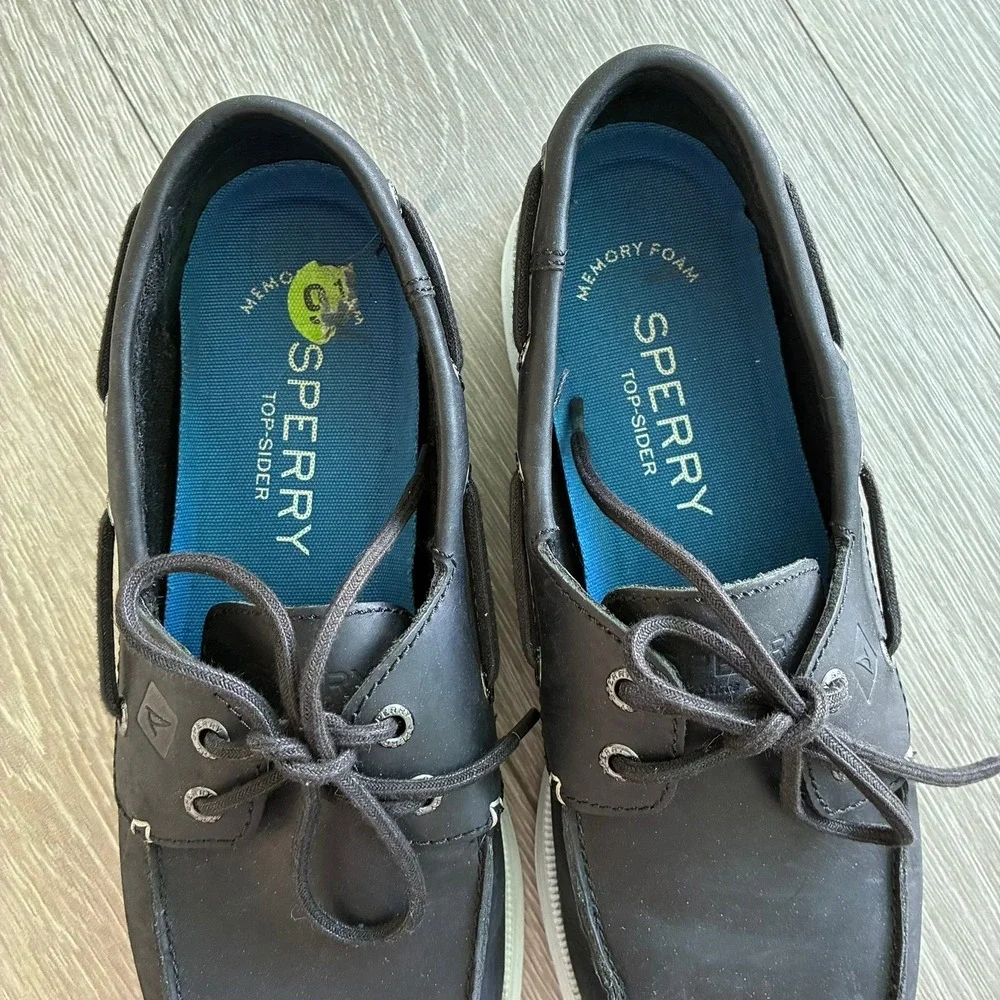 Sperry Top-Sider Mens Black Leather Boat Shoes Memory Foam Loafers 9.5M